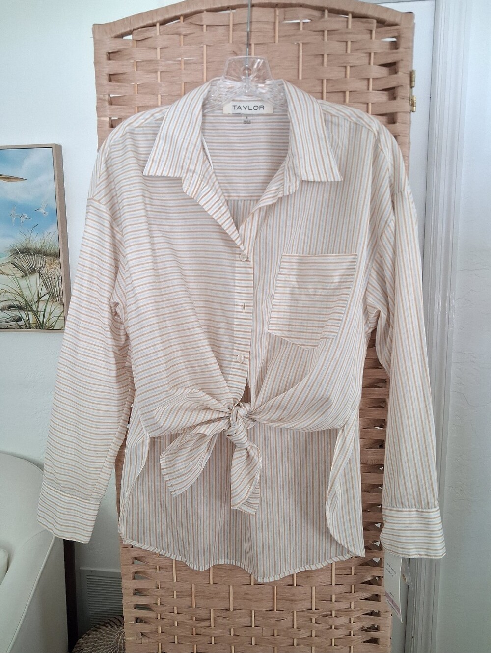 Taylor Striped Oversized Long Sleeve Button Shirt in Cream 6 NWT